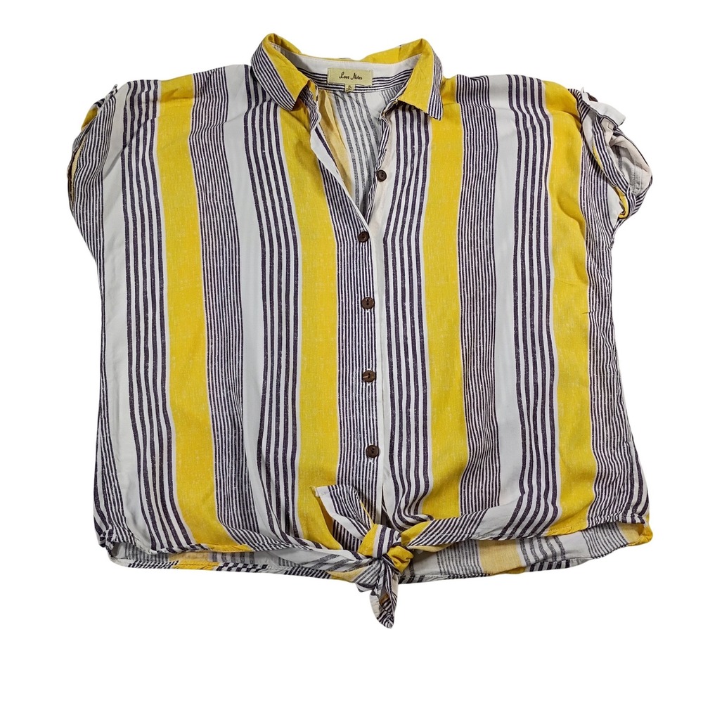 Love Notes Button Down Top Women Size S Yellow Striped Good Front Tie Rayon